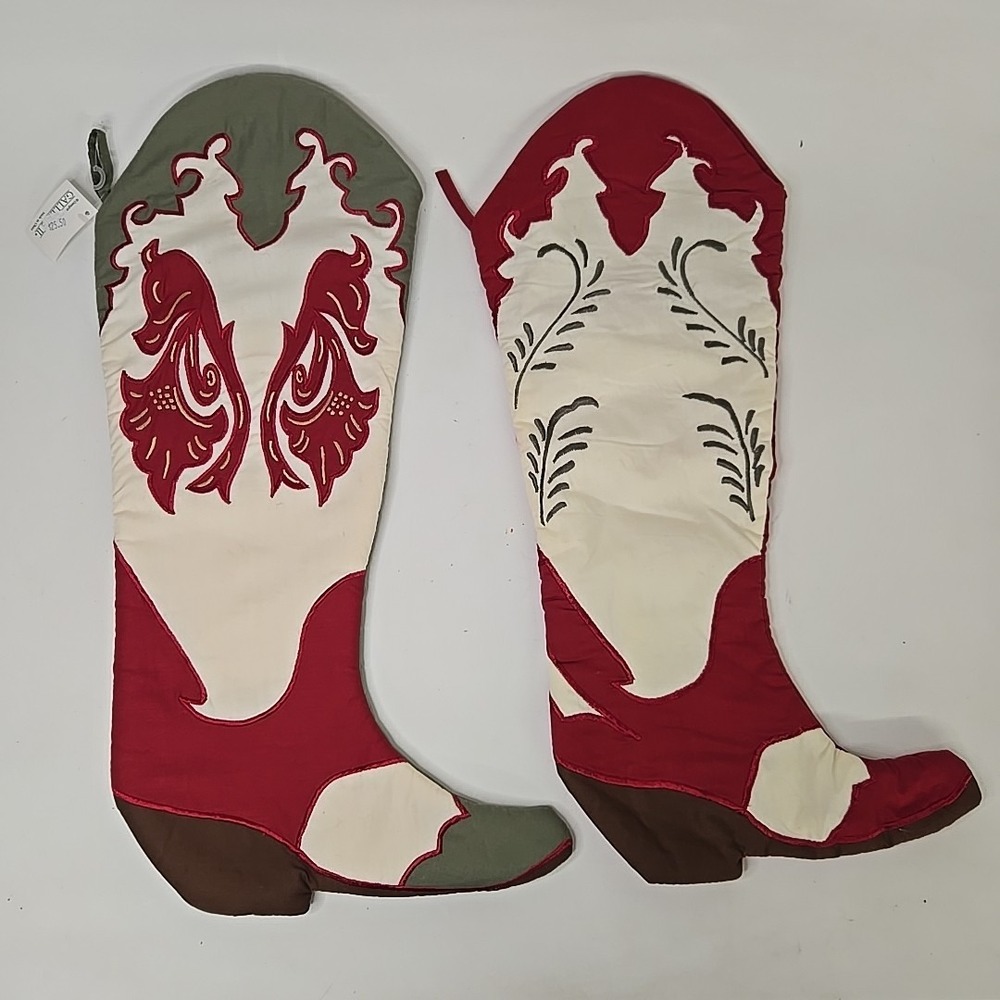 Green And White Cream Stocking Cowboy Boot Christmas  Country‎ Western Lot Of 2